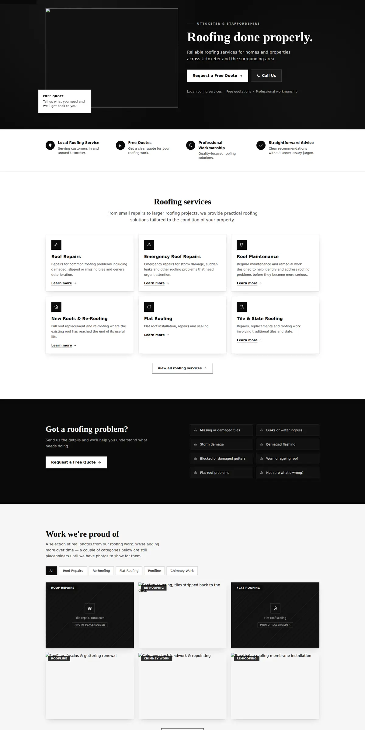 Live screenshot of the Uttoxeter Roofing website