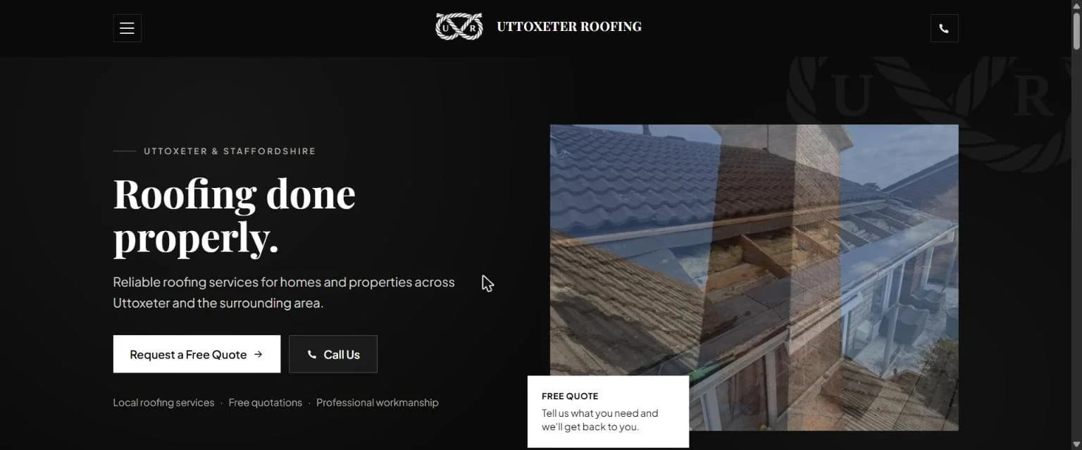 Live screenshot of the Uttoxeter Roofing homepage